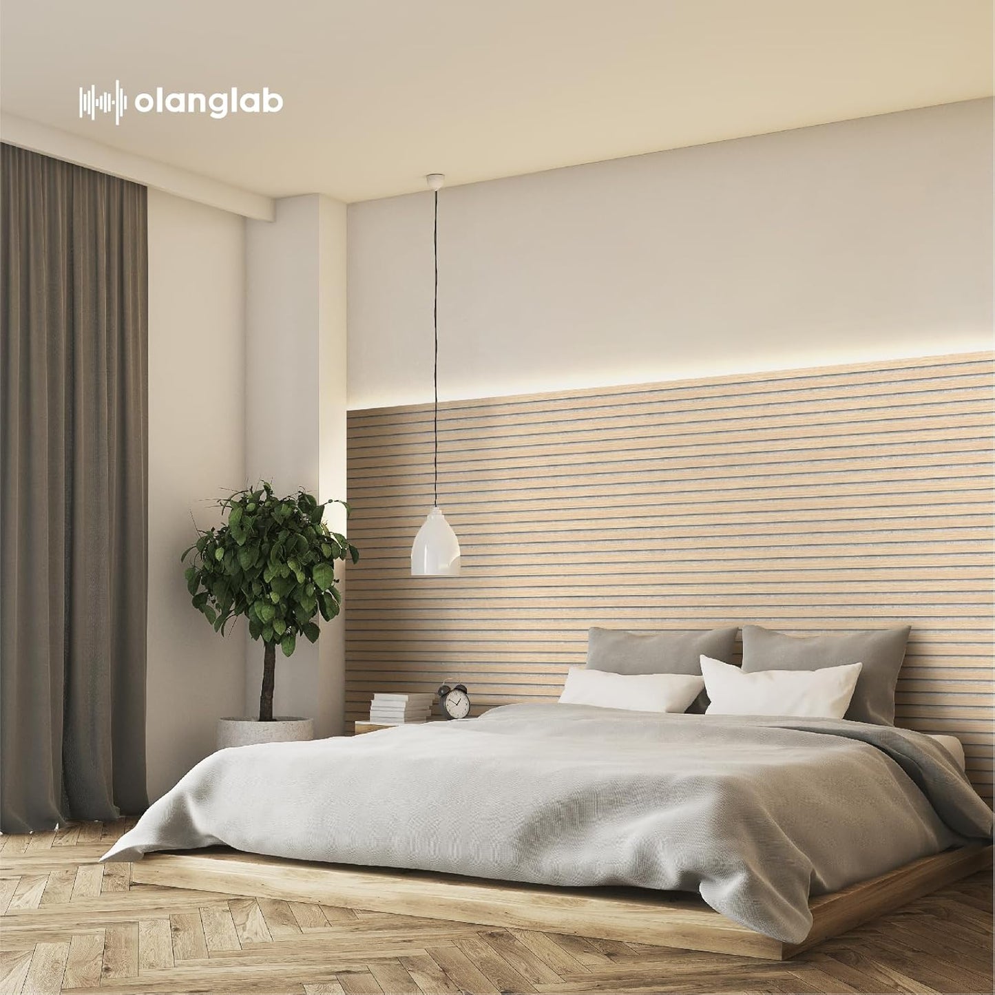 Olanglab Wood Slat Wall Panels, Wooden Wall Panels, 94.5"x12.6" Each 3D Wall Panels for Interior Wall Decor, 4 Pack in Total 94.5"x50.4" (Light Oak-Grey Felt)