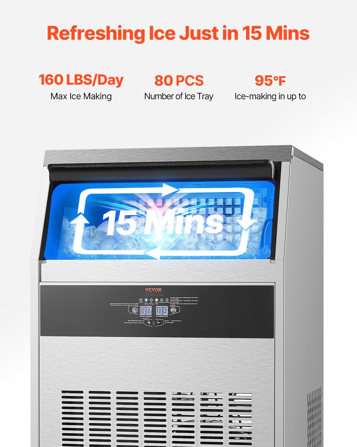 Vevor Commercial Ice Maker Machine, 160Lbs/24H Ice Maker Machine With 66Lbs Storage Capacity, 80 Ice Cubes In 15 Minutes, Led Di
