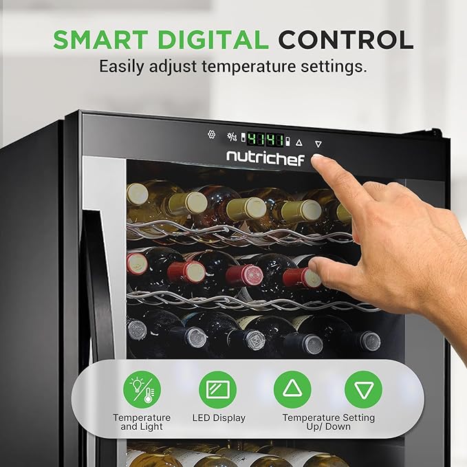 Nutrichef 33 Bottle Wine Fridge | Dual Zone Wine Cooler | Adjustable Temperature Control 41°F to 64°F | Ultra Quiet Operation | Freestanding Wine Chiller for Home & Office | 33x19x17 IN