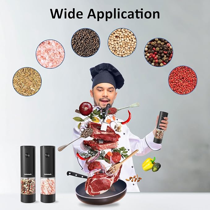 Automatic Salt and Pepper Grinder Set, Battery Operated (Not Included), Adjustable Coarseness with LED Light, ELectric Pepper and Salt Shakers Refillable, 95ml Large Capacity(2 Packs, Black)