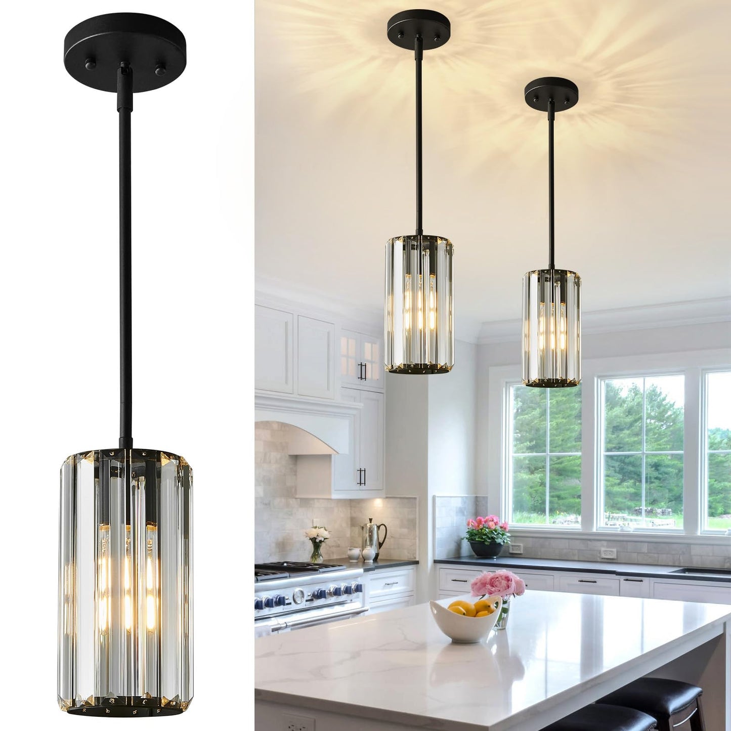 Zhllmq Black Pendant Lighting Modern Pendant Light Mini Crystal Chandeliers Adjustable Pendant Light Fixture For Kitchen Island Dinning Room Corridor Bedroom(Black 2-Pack)