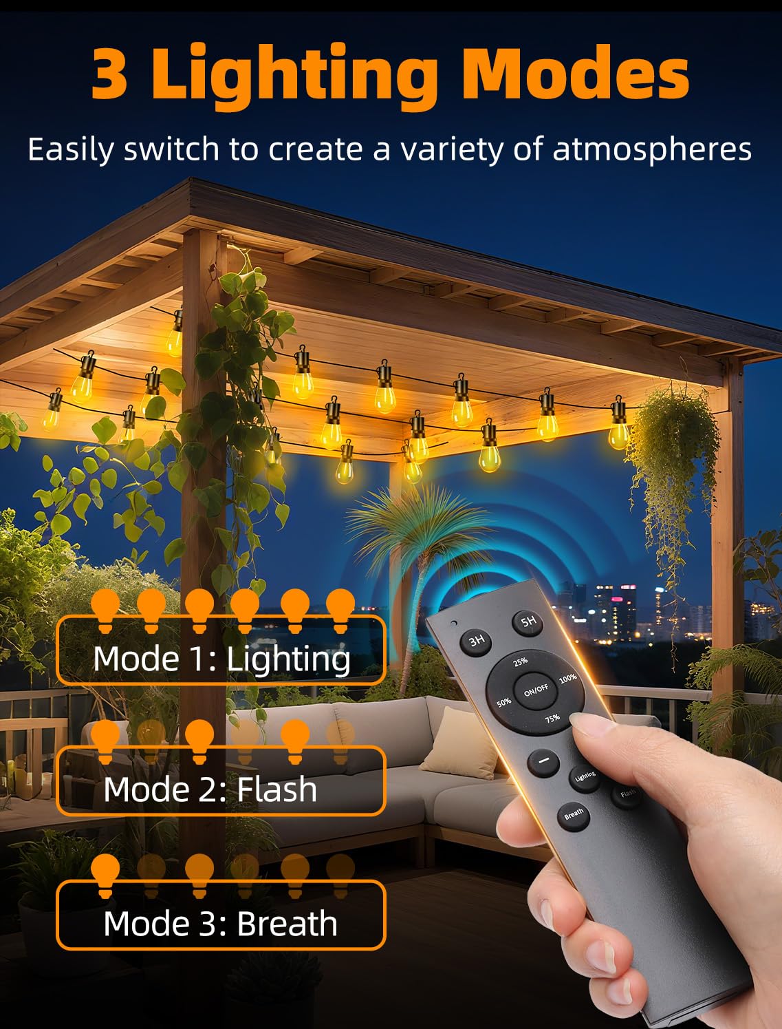 Vozuji Outdoor Patio String Lights: S14 Shatterproof Bulb Outside Waterproof Light - 100Ft 30M Remote Dimmable Connectable Hanging Outdoor Electric Lighting - Garden Backyard Yard Gazebo Porch Party