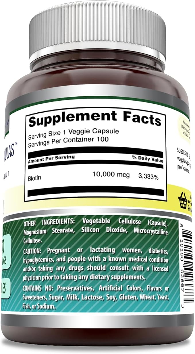 Amazing Formulas Biotin 10000 mcg Veggie Capsules | Vitamin B7 Supplement | Non-GMO | Gluten Free | Made in USA (Unflavored 100 Count)