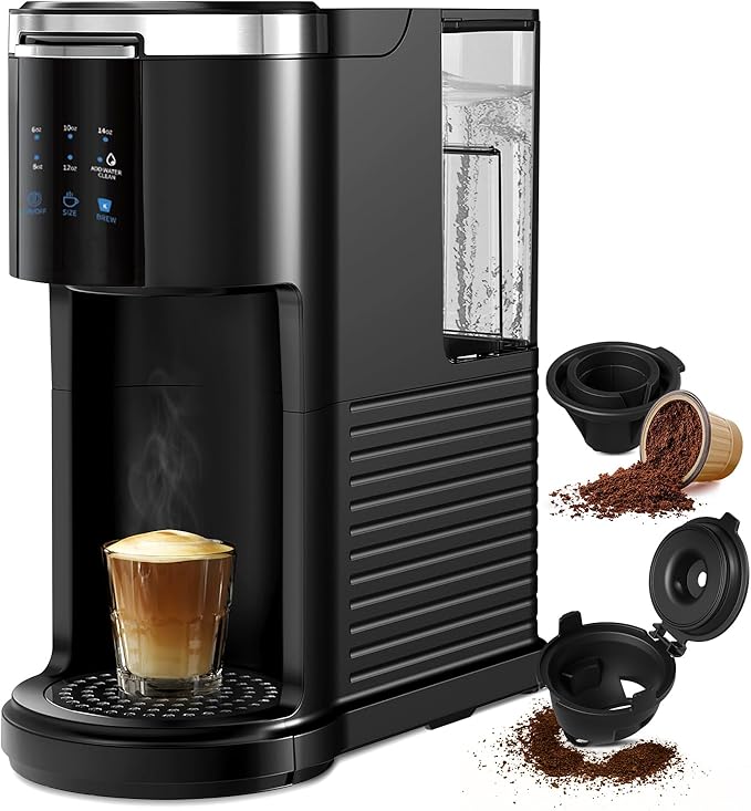 Single Serve Coffee Maker K Cup 2 in 1 Coffee Machine with Ground Coffee & Pods Coffee, 6 to 14 Oz Brew Sizes,Mini One Cup Coffee Maker 40oz Water Tank,Auto Cleaning & Shut Off, Black
