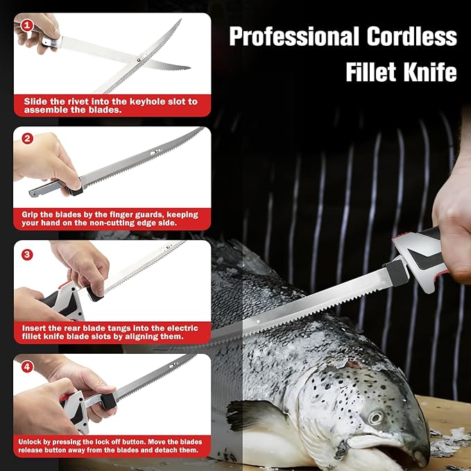 KITLUCK Cordless Electric Fillet Knife - 12V Cordless Fishing Knife with 6'', 8'' and 10'' Stiff Blades, 2 Rechargeable Battery Packs, 1 Charger, Electric Fish Fillet for Fishing, Filleting