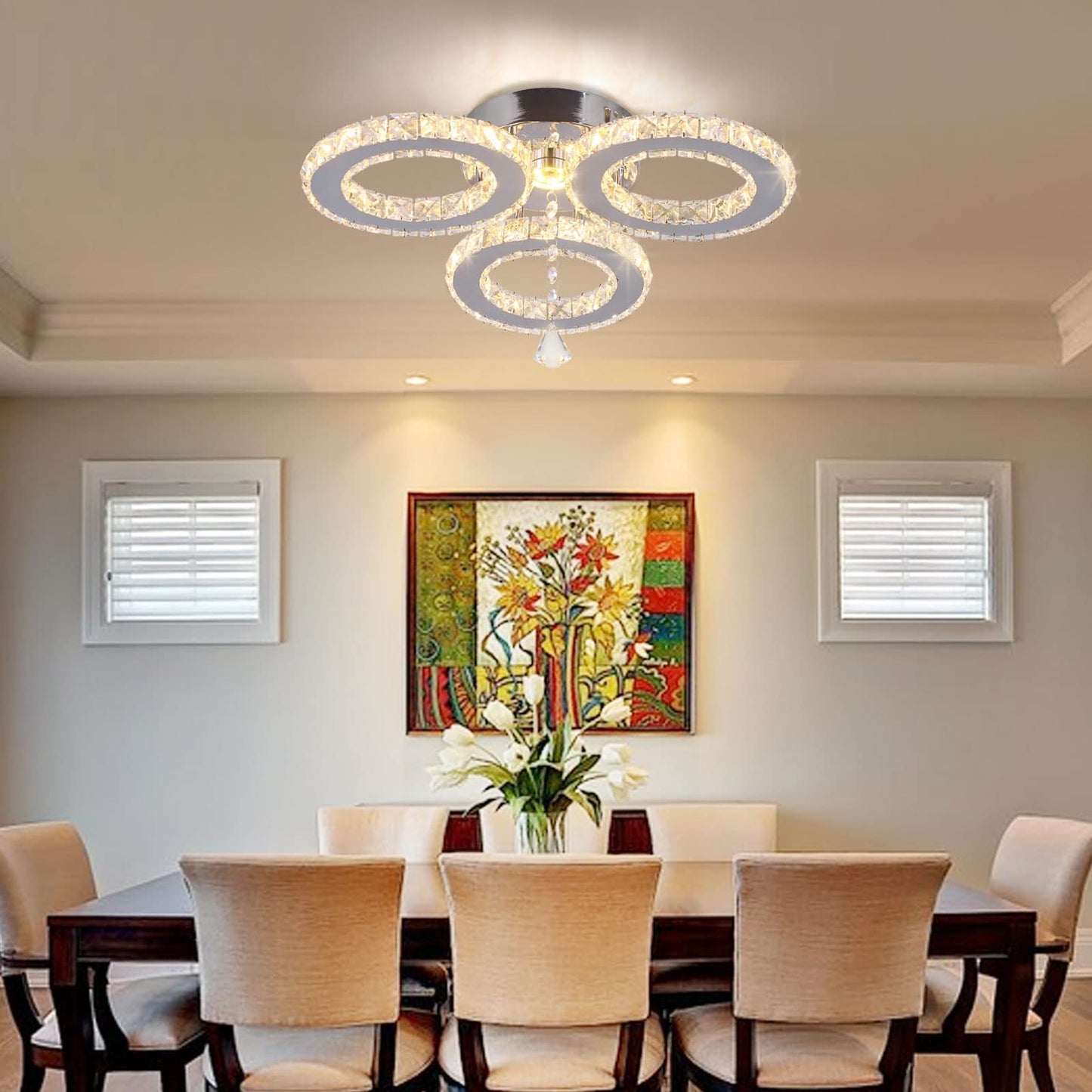 diisunbihuo LED Crystal Pendant Ceiling Light Chandelier 13x3.5 Inches Warm White Flush Mount for Bedroom Living Room