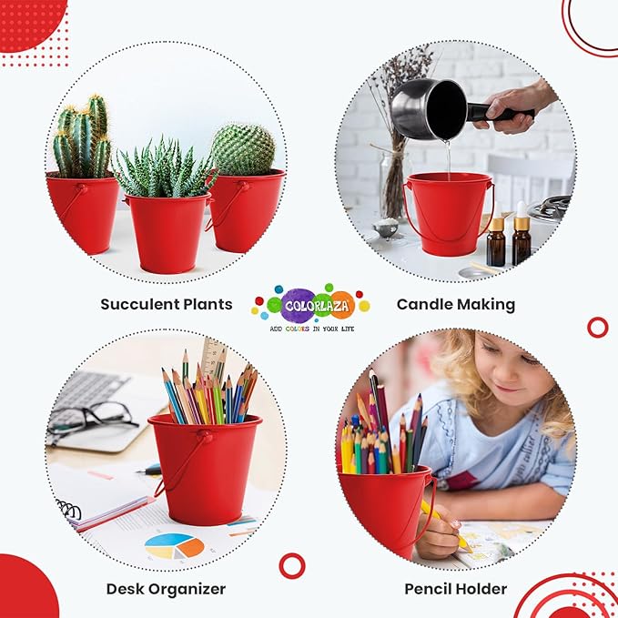 Small Metal Buckets with Handle 6 Pcs – Galvanized Bucket Leak Proof & Rust Resistant 20 fl oz Capacity - Best for Party Décor, Organizing & Decorating Classrooms (Red, Small 4.3" Top)