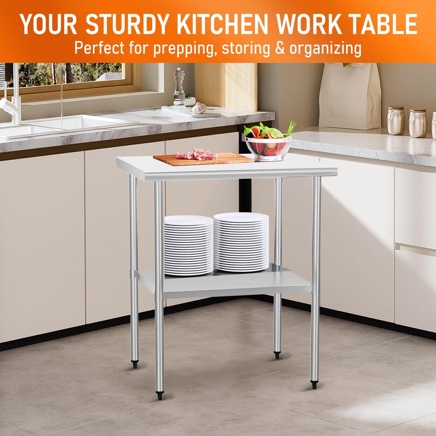 HOCCOT Stainless Steel Table for Food Prep & Work 24 x 30 inches Utility Table with Adjustable Undershelf, Commercial Workstation in Kitchen, Garage, Laundry, Outdoor BBQ