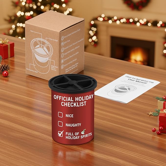 Christmas Clear Ice Cube Maker, 2.5" Stainless Steel Crystal Clear Ice Ball Maker, Ice Molds for Whiskey/Old Fashioned Cocktail/Bourbon, Whiskey Bourbon Gifts for Men, Dad, Husband (Holiday Checklist)