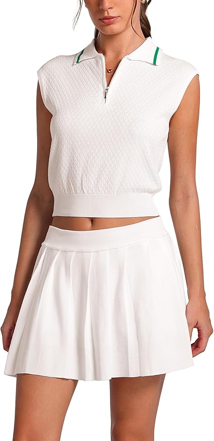 ABOCIW Women Tennis Skirt Set Knit Half Zip Tank Top Tennis Skirt with Shorts 2 Piece Athletic Workout Golf Outfits