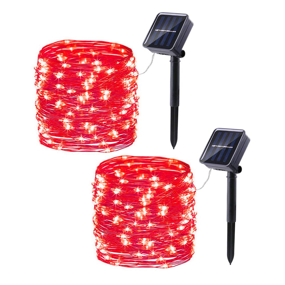 Lomotech Solar String Lights - 200LED Fairy Lights, 66ft, Waterproof, 8 Modes, Copper Wire, Red, Model LO-S100-007-2, 2 Pack