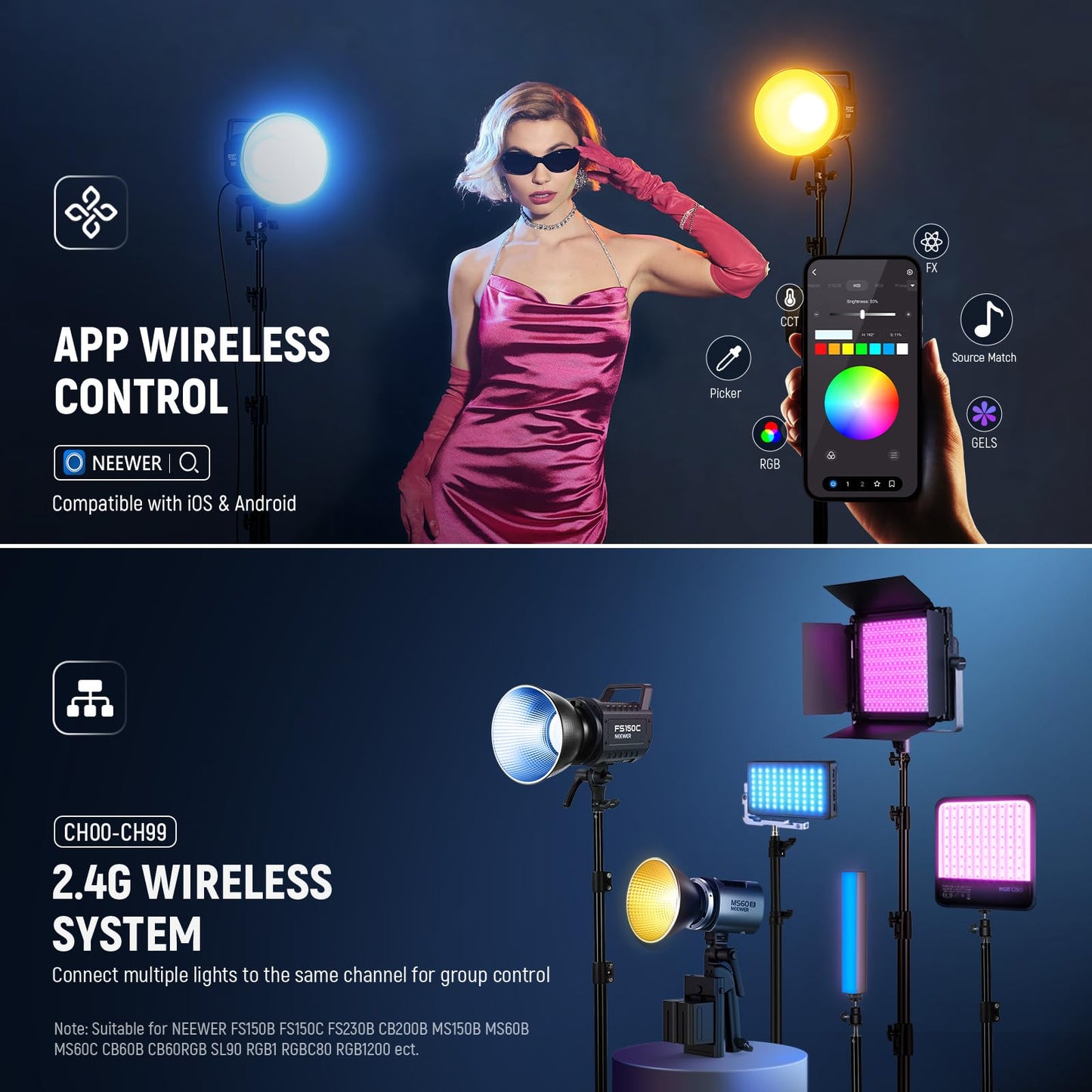 NEEWER 130W RGB LED Video Light APP/2.4G Control 17 Effects, 2500-7500K 19800lux/1m COB Continuous Lighting Output with CRI97/TLCI98 4 Dimming Curves, Bowens Mount Spotlight for Studio Shoots, FS150C