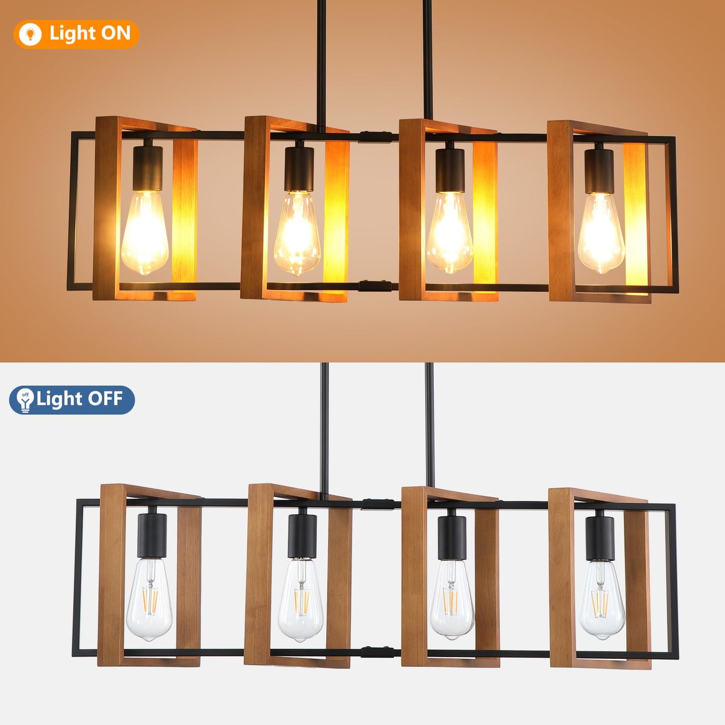 9MMML Kitchen Island Chandelier, 4-Light Wooden Frame, Matte Black Finish, Model P2028-04-WD