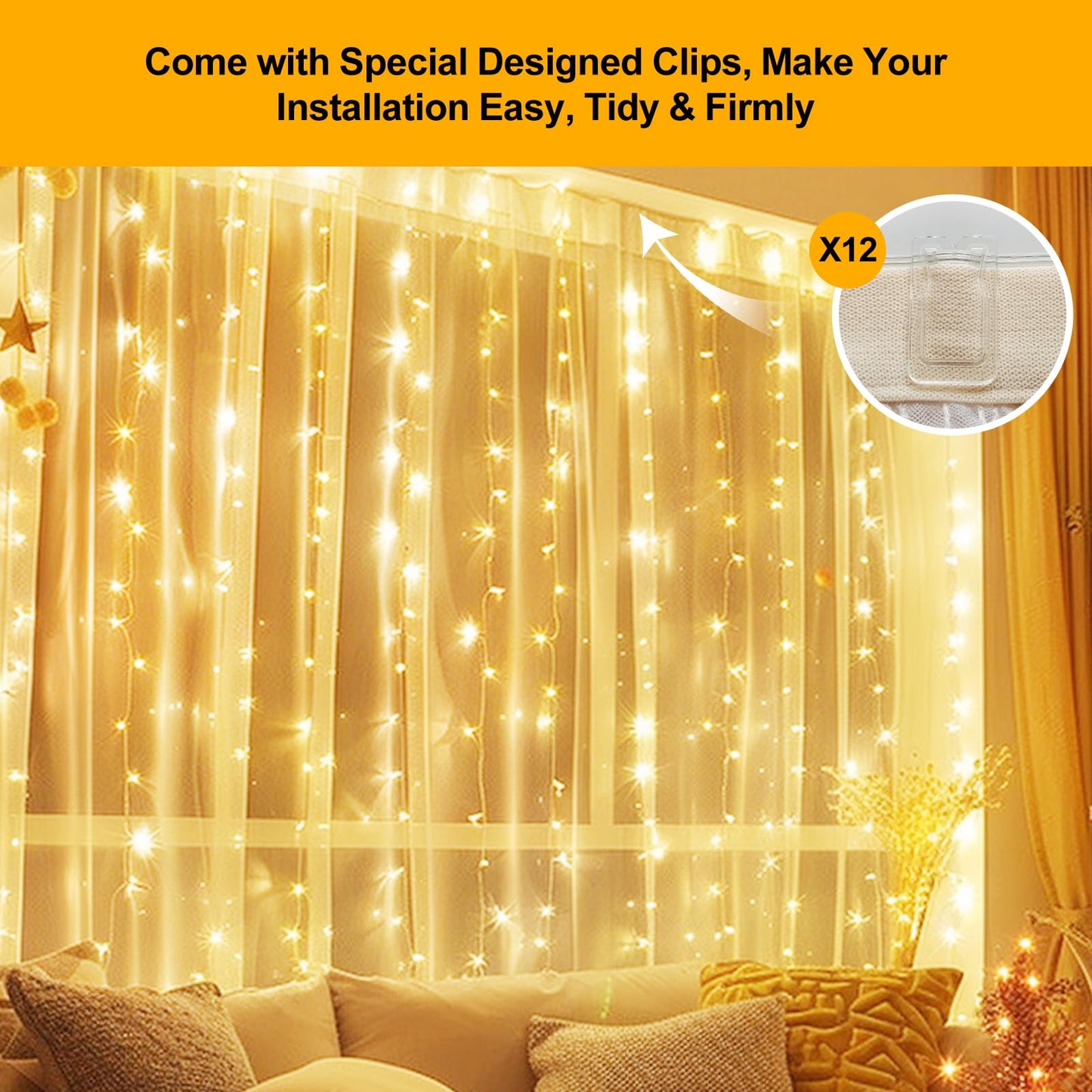 Holits 2 Pack Fairy Curtain Lights Upgraded Tangle-Free Warm White Usb Plug In 8 Modes String Hanging Lights With Remote For Christmas  Bedroom  Indoor  Outdoor  Weddings  Party (10 Ftx10 Ft)