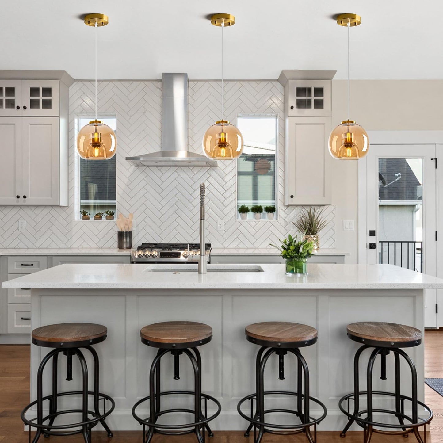 Lbsqj Amber Glass Pendant Lights Kitchen Island Gold Hanging Light Fixture Glass Globe Pendant Light Modern Pendant Lighting For Kitchen Island Bedroom Dining Room (7.87  3 Pack)