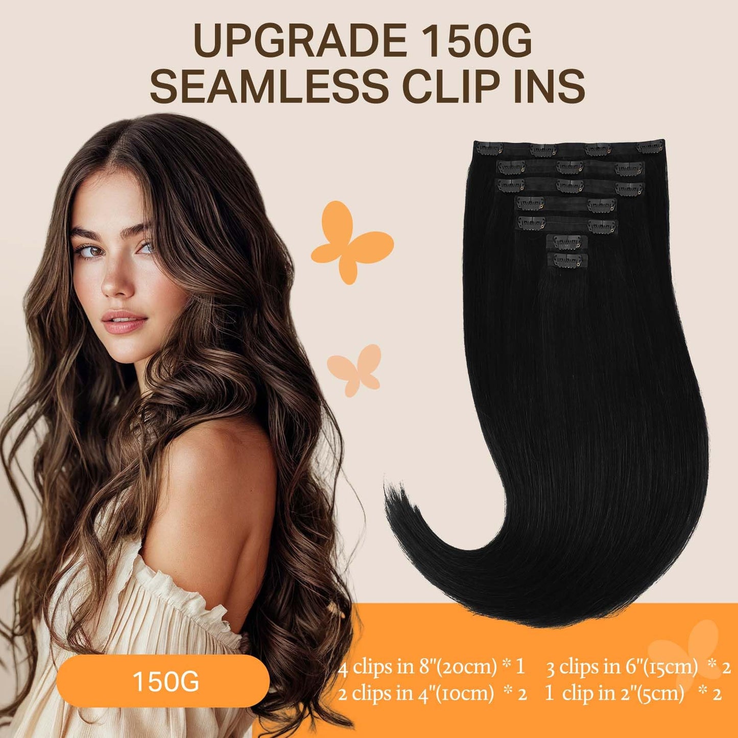DOORES Clip in Hair Extensions Real Human Hair Invisible Edge, Jet Black 130g 7pcs 18 Inch Clip in Virgin Hair Extensions, Natur
