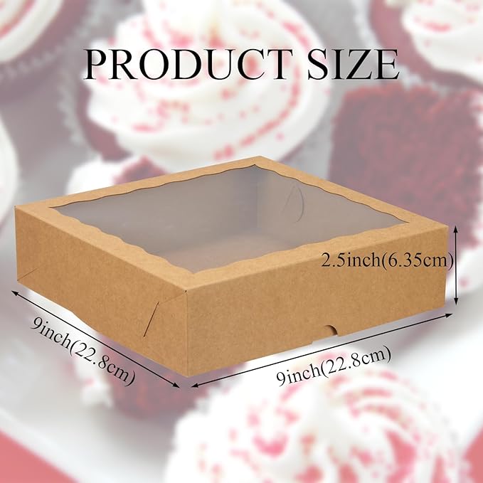 Brown Bakery Boxes with Window (12pcs, 9x9x2.5 Inch) for Christmas: Ideal for Pie, Cookies, Chocolate Covered Strawberries, Breakable Heart & Charcuterie