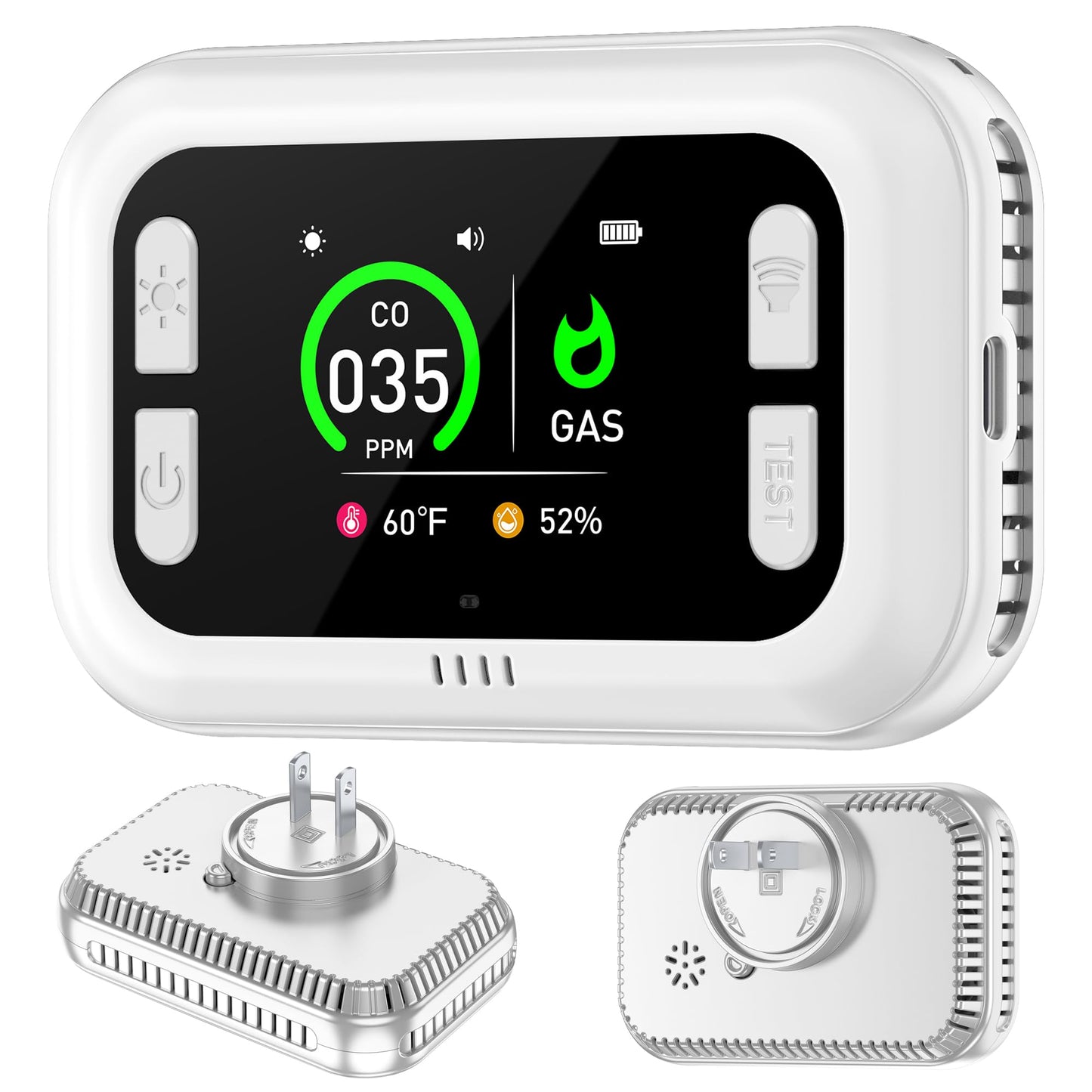 HAKINAKU Plug in 4in1 Carbon Monoxide Detector & Combustible Natural Gas Combination Builti-in Backup 1000mAh Battery & HD Screen [CO Gas Temp Humidity Sensors] for Home Kitchen Hotel (1Pack, White)