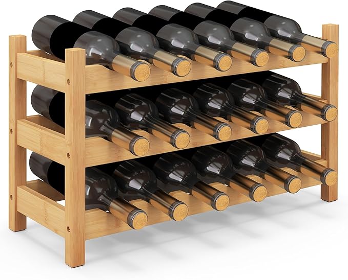 Giantex Bamboo 3-Tier 18-Bottle Wine Storage Cabinet Shelf, Small Countertop Wine Organizer for Kitchen, Bar, Pantry & Wine Cellar, Natural