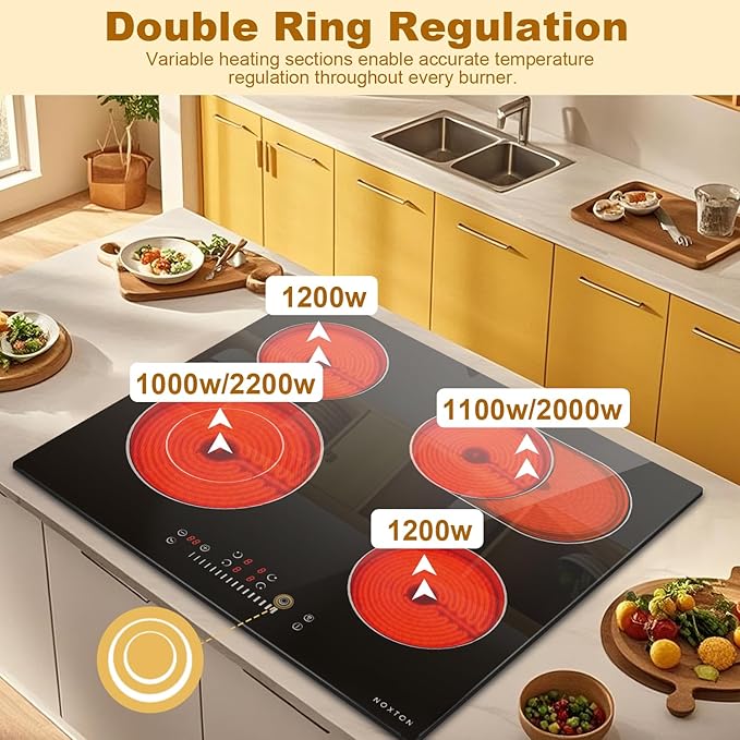Noxton 24 Inch Electric Cooktop, 4 Burner Built-in Radiant Electric Stove Top, Slider Control, 9 Power Levels, Child Safety Lock, Timer, Oval Burner for Baking Pan, 6800W,220-240V, Hard Wired