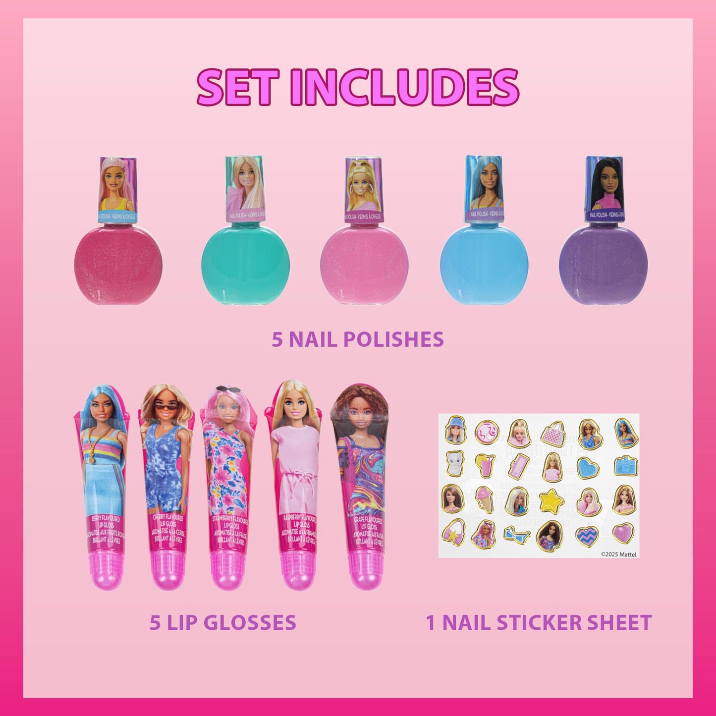 Barbie Cosmetic Makeup Set for Girls with Super Sparkly Lip Gloss Nail Polish and Nail Stickers 11 Pieces, Perfect for Parties S