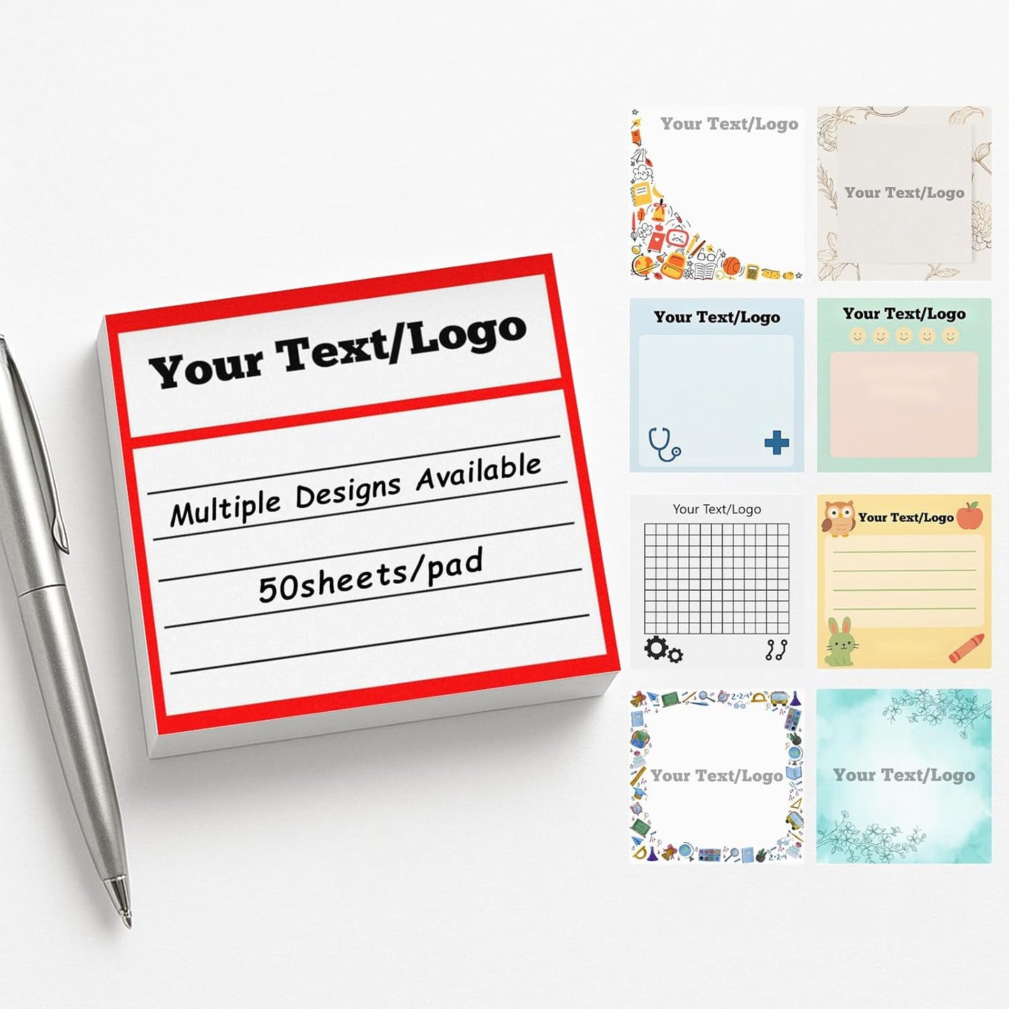 Personalized Sticky Notes 3"x3" – Custom Notepads with Logo or Text, 50 Sheets per Pad – Multiple Template Options, Bulk Pack for Business, Office, Teachers, Events