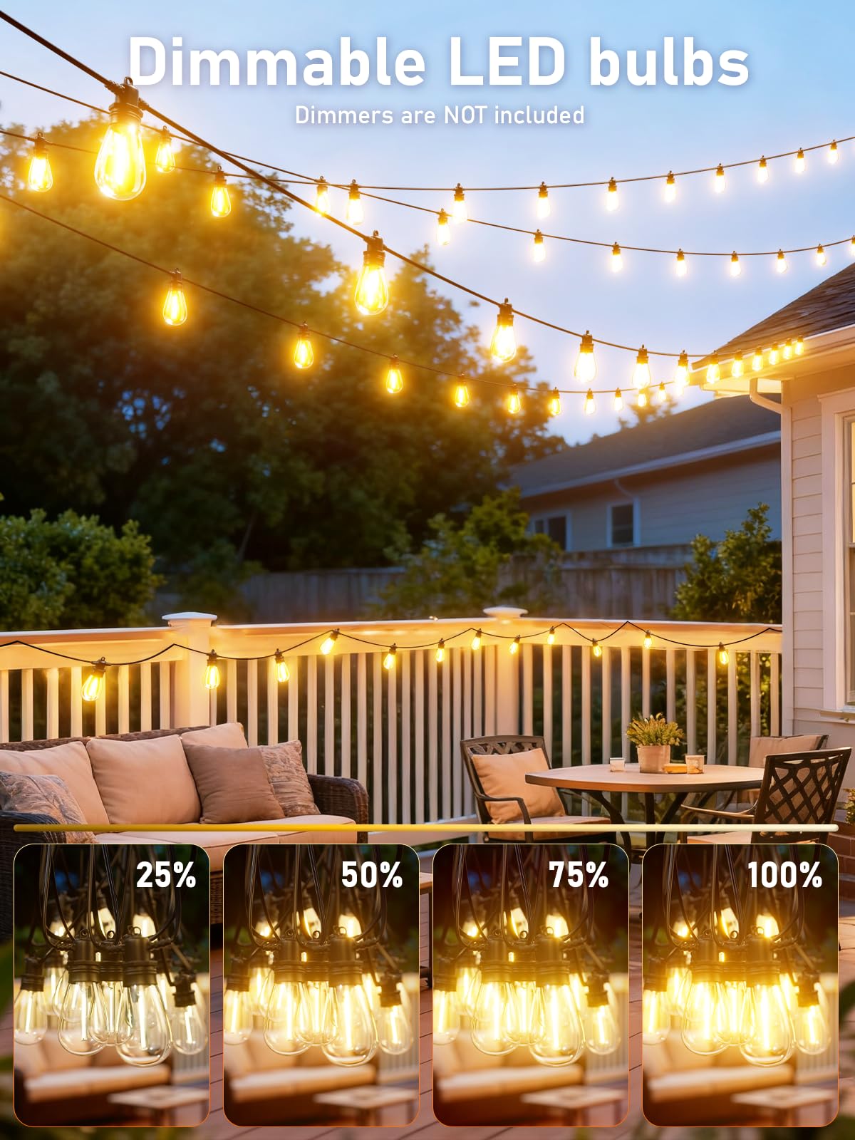 Jerritte 200Ft Led Outdoor String Lights, 60 Shatterproof Bulbs, Warm White, Ip65 Waterproof, Model Jr-S14-200, Dimmable, Heavy Duty