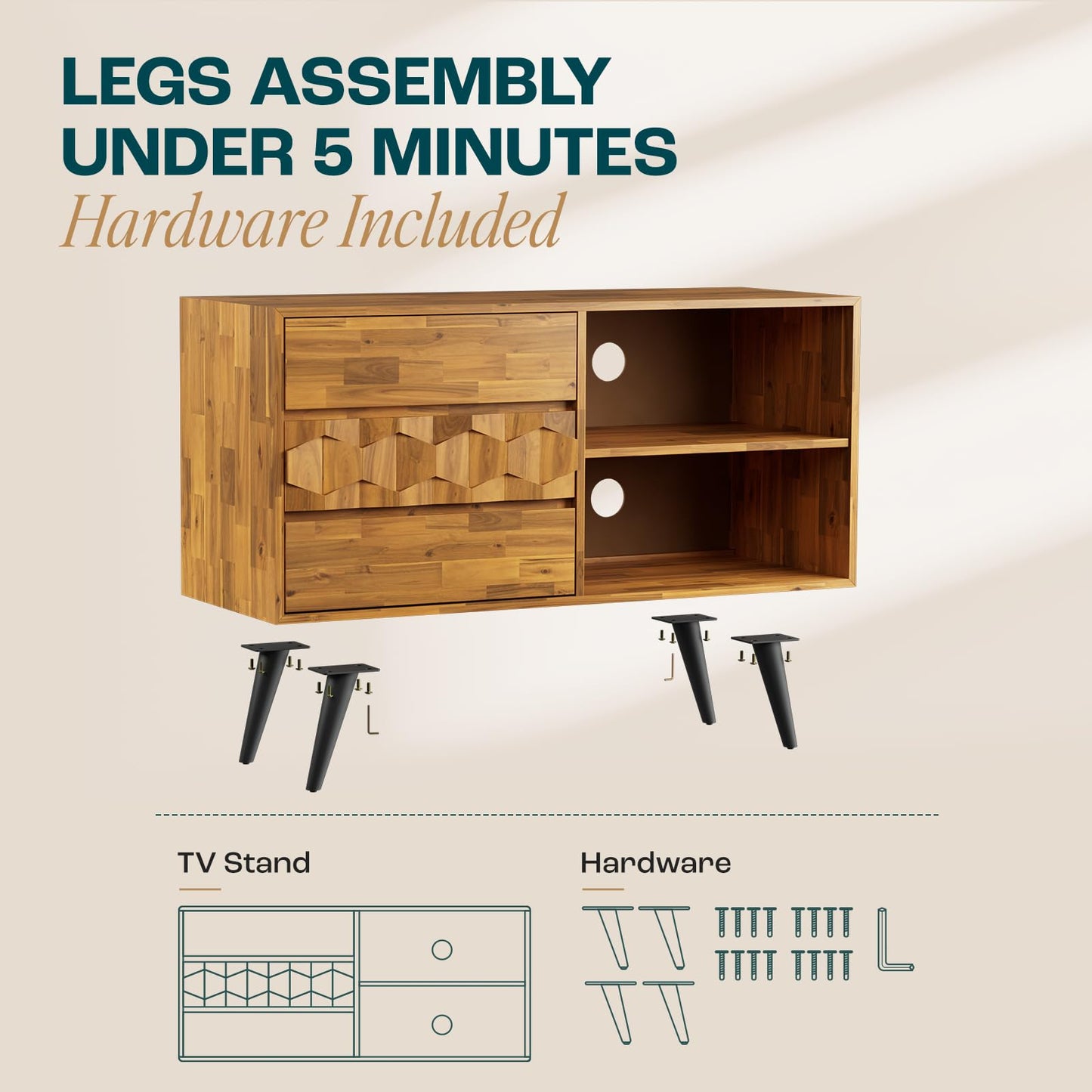 Bme Georgina 45 Inch Solid Wood TV Stand, Under 10 Minutes Assembly Entertainment Center with Storage, Geometric Pattern TV Console for Living Room, Bedroom, Dinning Room - Teak Brown