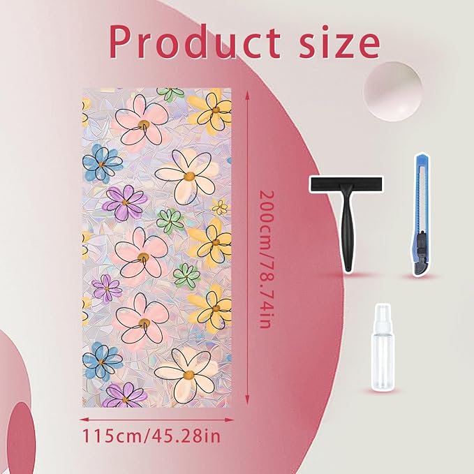Daisy Flower Stained Glass Window Film Static Cling with Tools - 45.2 x 78.7 Inch Non-Adhesive Privacy Decorative Cute Rainbow Film for Windows, Doors, Sidelights - Easy Install & Remove
