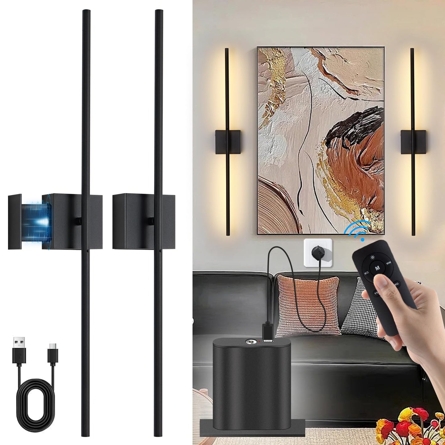 Linkenail Battery Operated Wall Sconces Set of 2, USB Rechargeable, Remote Control, 32 Inch, Black, Metal, Model XTFD-DC-HS