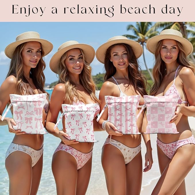 4 Pack Wet Bag for Swimsuit, Beach Travel Essentials Wet Dry Bag, for Sunscreen Toiletry Dirty Clothes Yoga Gym Diaper, Friend Summer Beach Vacation Gifts. Pink Bow Series