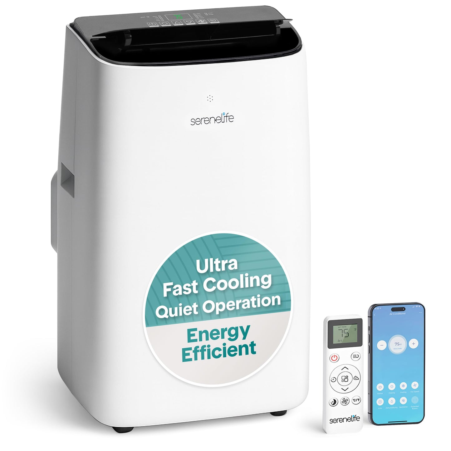Serenelife 14000 Btu Ultra Quiet Portable Inverter Air Conditioner, Smart Cooling & Heating With Wifi, Energy Efficient, For Bed
