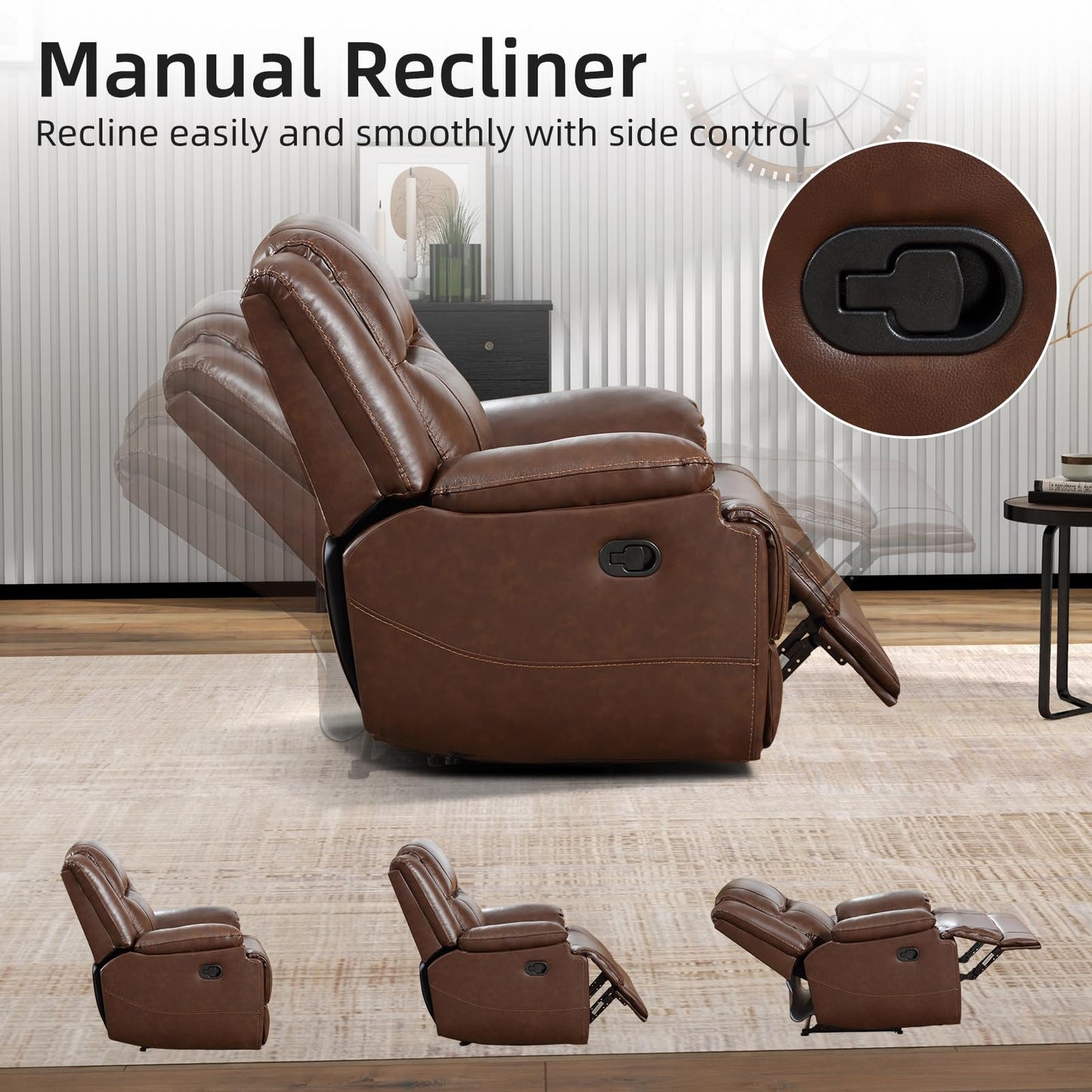 EBELLO Genuine Leather Recliner Manual Sofa Set, Double 1 Seat Reclining Chair, a 3 Seater Sofa with Headrest and Armrest, Modern Durable Home Furniture Set for Living Room, Vintage Brown