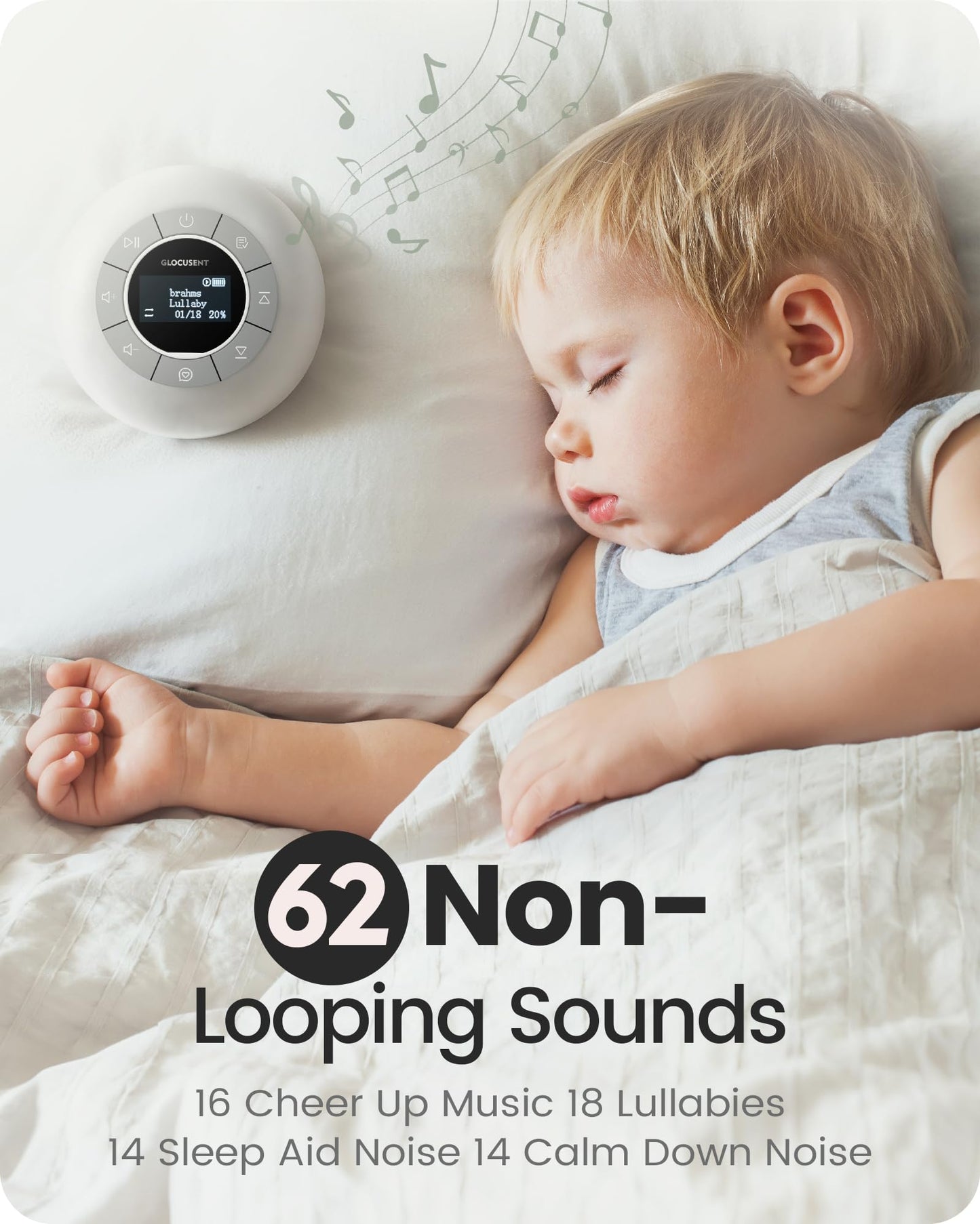 Glocusent Portable Sound Machine for Baby Kids Adults - 62 Sounds & 5W Speaker White Noise Machine for Sleeping, 30-hr Lasting Rechargeable Sound Machine with 4 Timer, Suitable for Home Travel