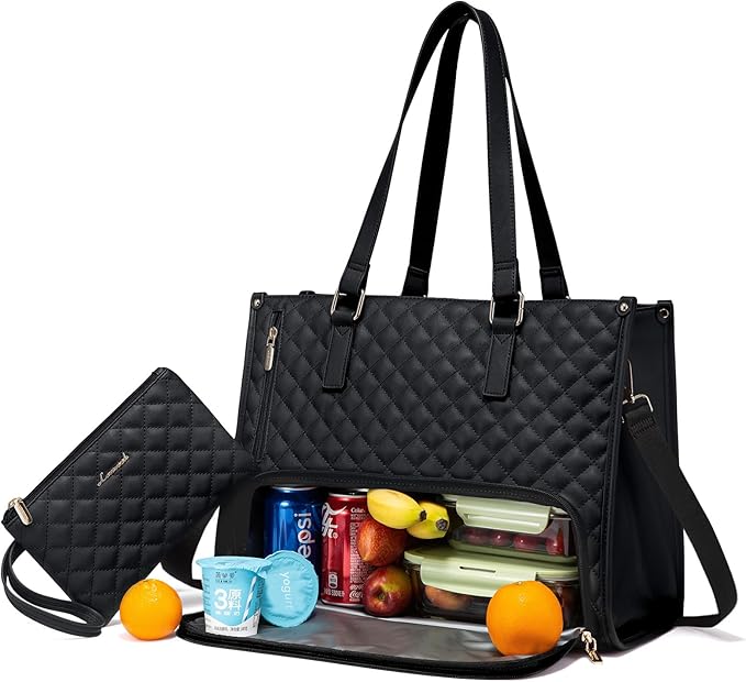 LOVEVOOK Lunch Tote Bag for Women, 15.6 Inch Laptop Bag with Insulated Lunch Compartment, Quilted Large Capacity Computer Handbag with Purse for Business, Work, Nurse, Office, Collage, Casual, Black