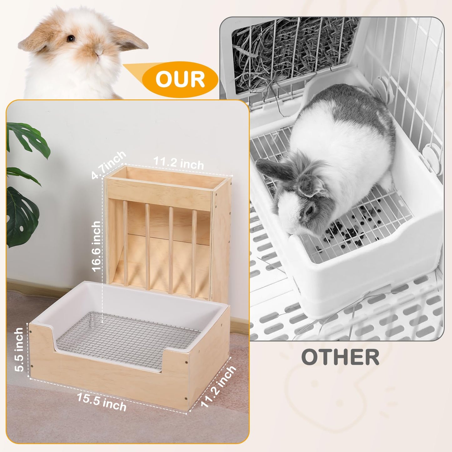 Essenhome Large 2-in-1 Rabbit Hay Feeder & Litter Box Set, Wood, Mess Proof, for Guinea Pigs, Chinchillas, Hamsters, and Rabbits