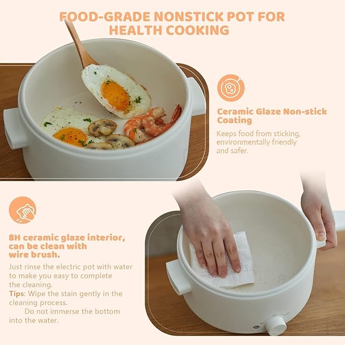 Electric Hot Pot, 3L Portable Electric Pot with Ceramic Non-stick Coating, Dual Power Multi-functional Romen Cooker for Steak, Pasta, Hot Pot, Ramen, Quick Heating and Overheat Protection