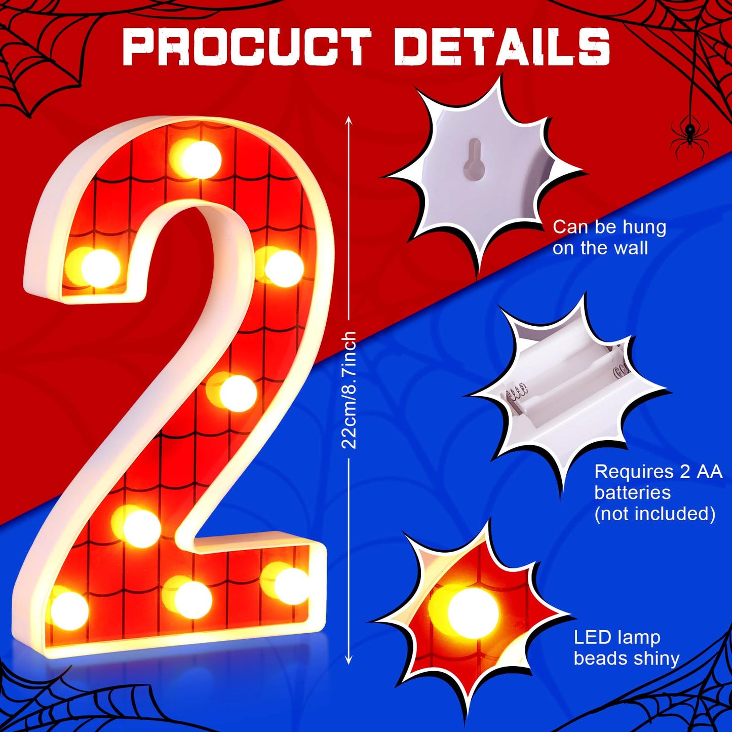 Vihose Spider Led Number Lights Spider Birthday Party Decoration Light Up Numbers Kids Boy Man Birthday Supplies For Marquee Night Christmas Gift Baby Shower(Number 2)