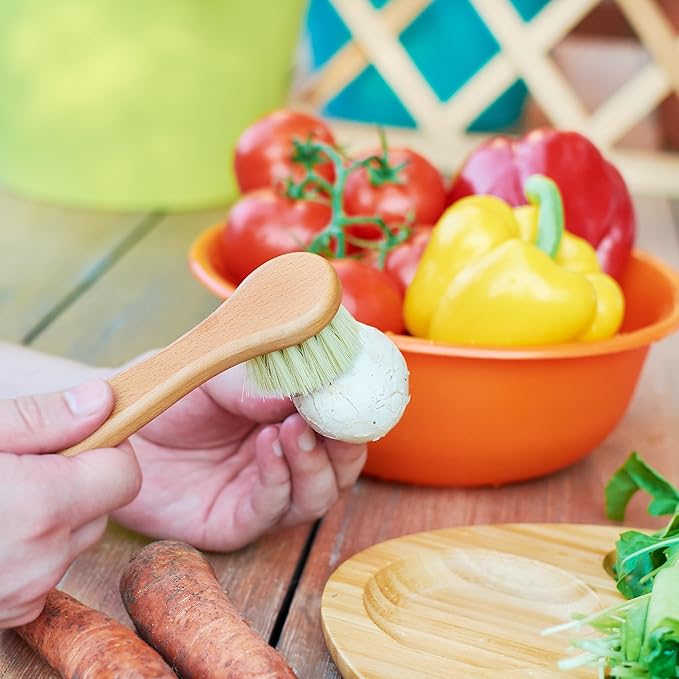 Vegetable Brush Set of 2 - Fruit and Vegetable Brush Scrubber for Food, Potato Scrubber, Mushroom Brush with Comfortable Wooden Handle, Veggie Brush for Carrots, Natural Produce Cleaning Brush