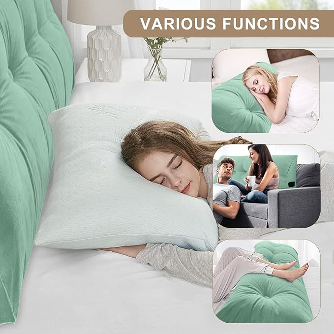 Large Triangular Headboard Pillows Long Backrest Positioning Support Bolster Cushion for Daybed Fluffy Quality Plush Body Wedge Pillow with Removable Cover(Light green-24x8x20in)