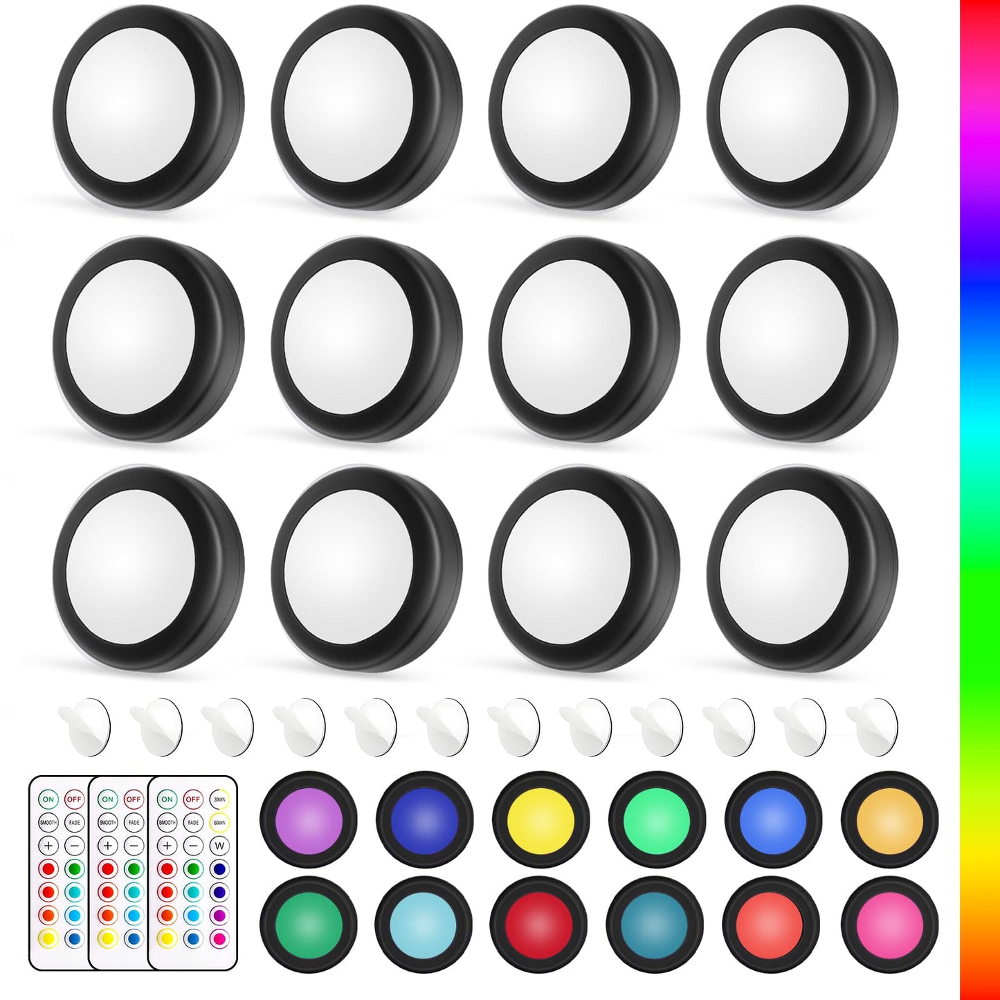 Yiliaw LED Puck Lights with Remote Control, 12 Pack, AA Battery Operated, 12 Color, Black-Magnetic, Plastic