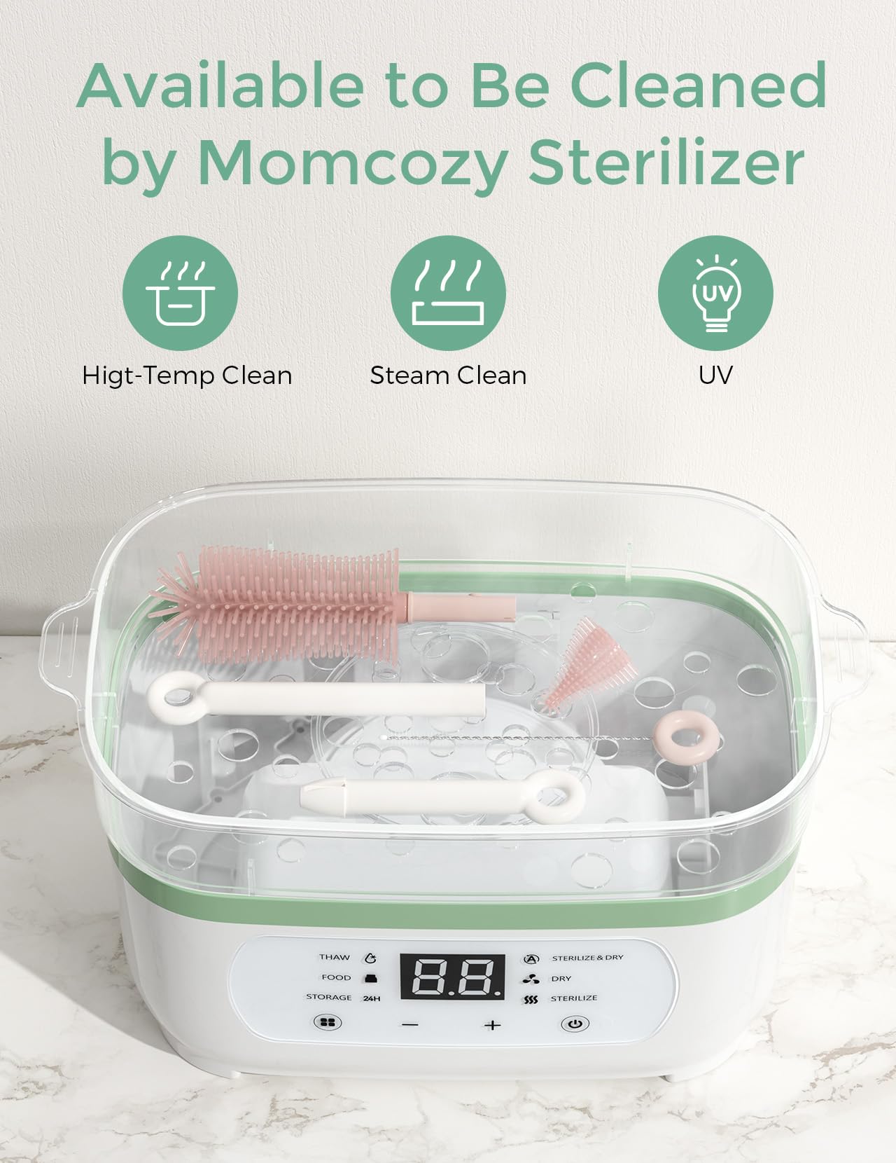 Momcozy Baby Bottle Brush Set, Cleaner Kit with Silicone Nipple Straw Brush, Soap Dispenser, Drying Rack - 7 in 1 Bottle Cleaning Tool for Home and Travel, Pink