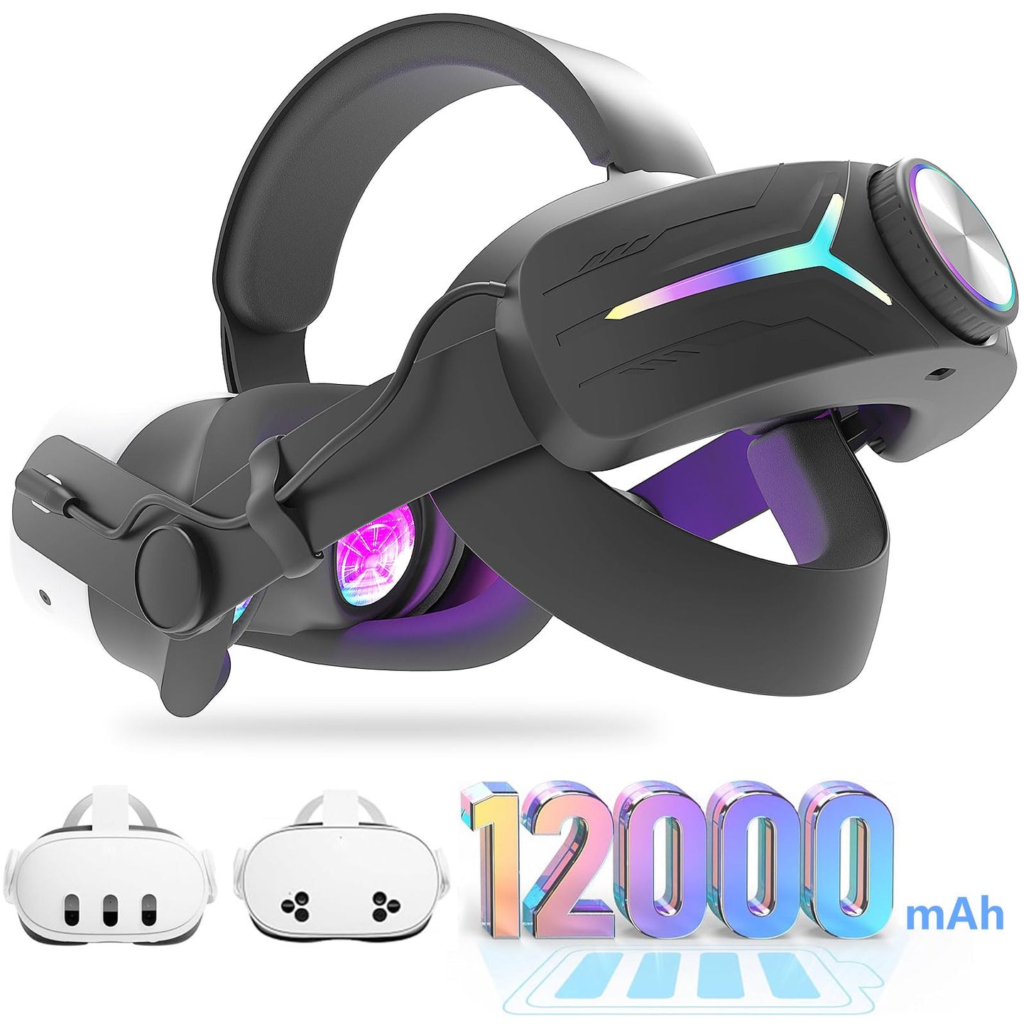 12000mAh Fast-Charging Battery Head Strap for Meta Quest 3/3S – Extends 6-8 Hours Playtime, RGB Lighting & Comfortable Fit – Elite Replacement Strap with Balanced Weight_Black