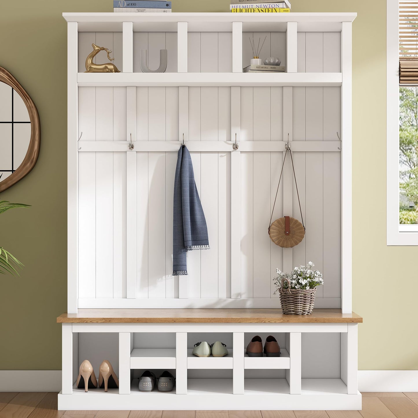 Farmhouse Wood Hall Tree with Bench and Shoe Storage, 5-in-1 Coat Rack with 6 Hooks for Entrance, Hallway White