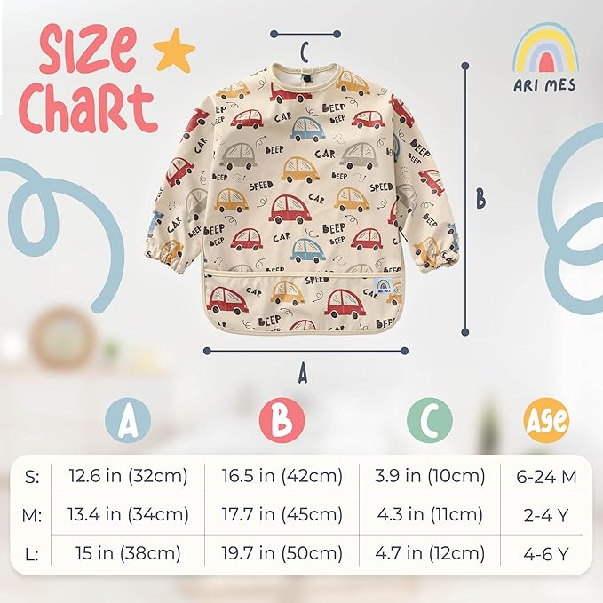 ARI MES Long Sleeves Waterproof Baby Bibs for Eating - Dinosaurs, Large- Wearable, Coverall for Toddler, Long Sleeve Bib, Smock Apron for Feeding - Applicable for 6-72 Months