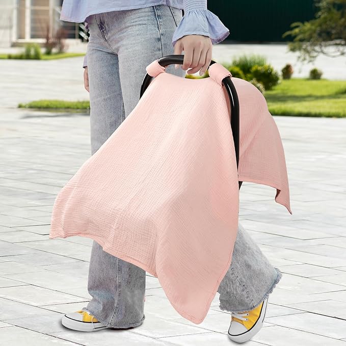 Hooyax 2-in-1 Baby Car Seat Cover & Nursing Cover, 100% Muslin Cotton, Breathable Car Seat Canopy and Privacy Breastfeeding Cover, Pink