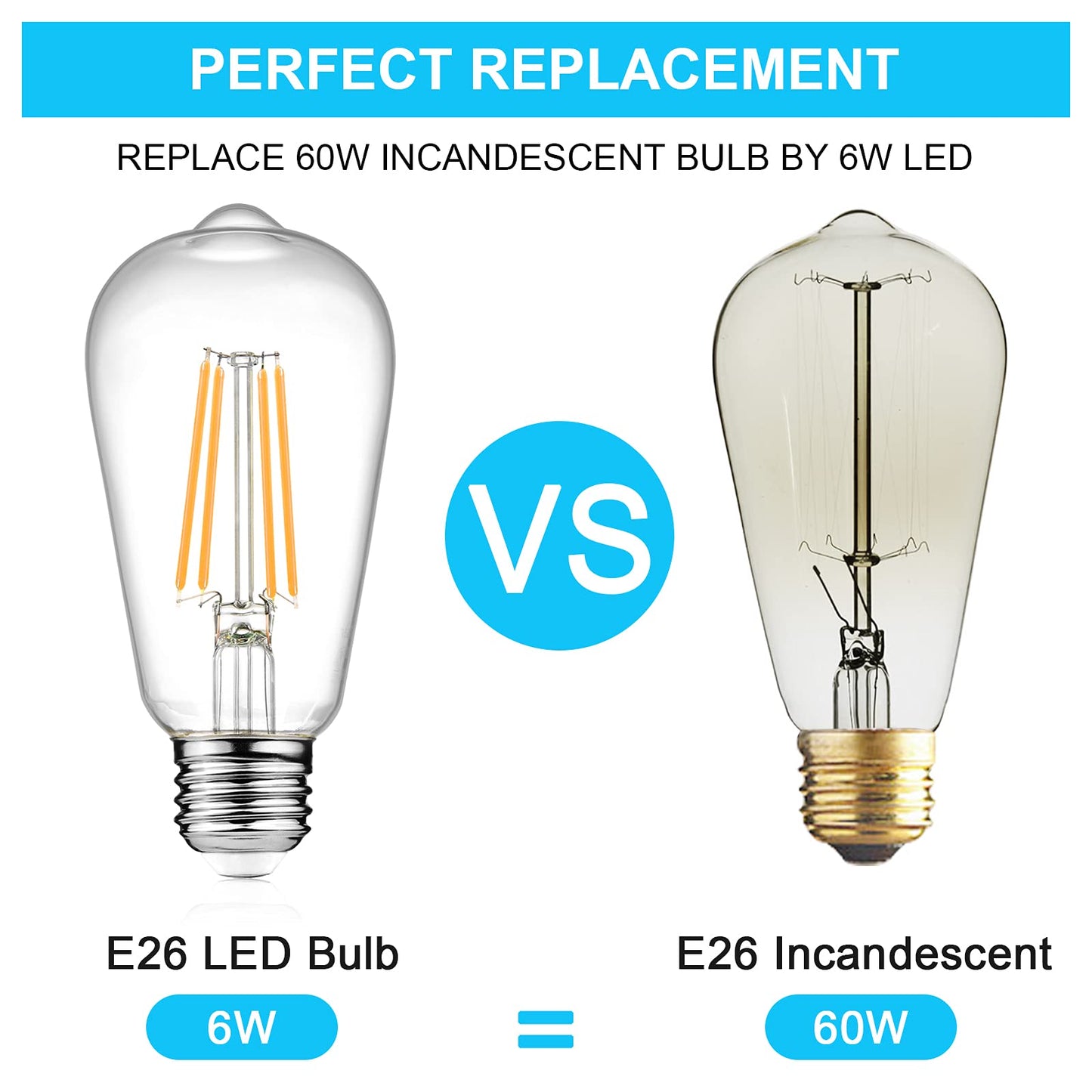 Ascher Vintage Led Edison Bulbs, 6W Equivalent, Warm White 2700K, Clear Glass, Pack Of 4, E26 Medium Base, Non-Dimmable