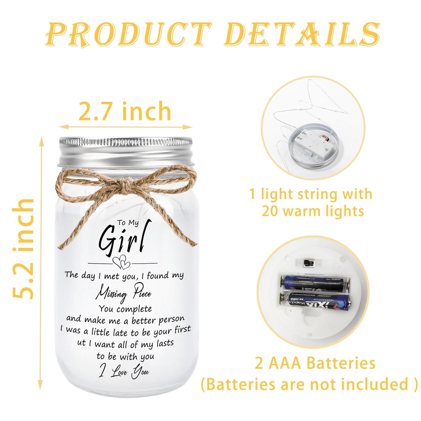 Rxyjlhjx Thoughtful Girlfriend Gift - Mason Jar Night Light For My Girl  Unique Birthday ValentineS Day Christmas & Thanksgiving For Her  Long Distance Relationship Gift