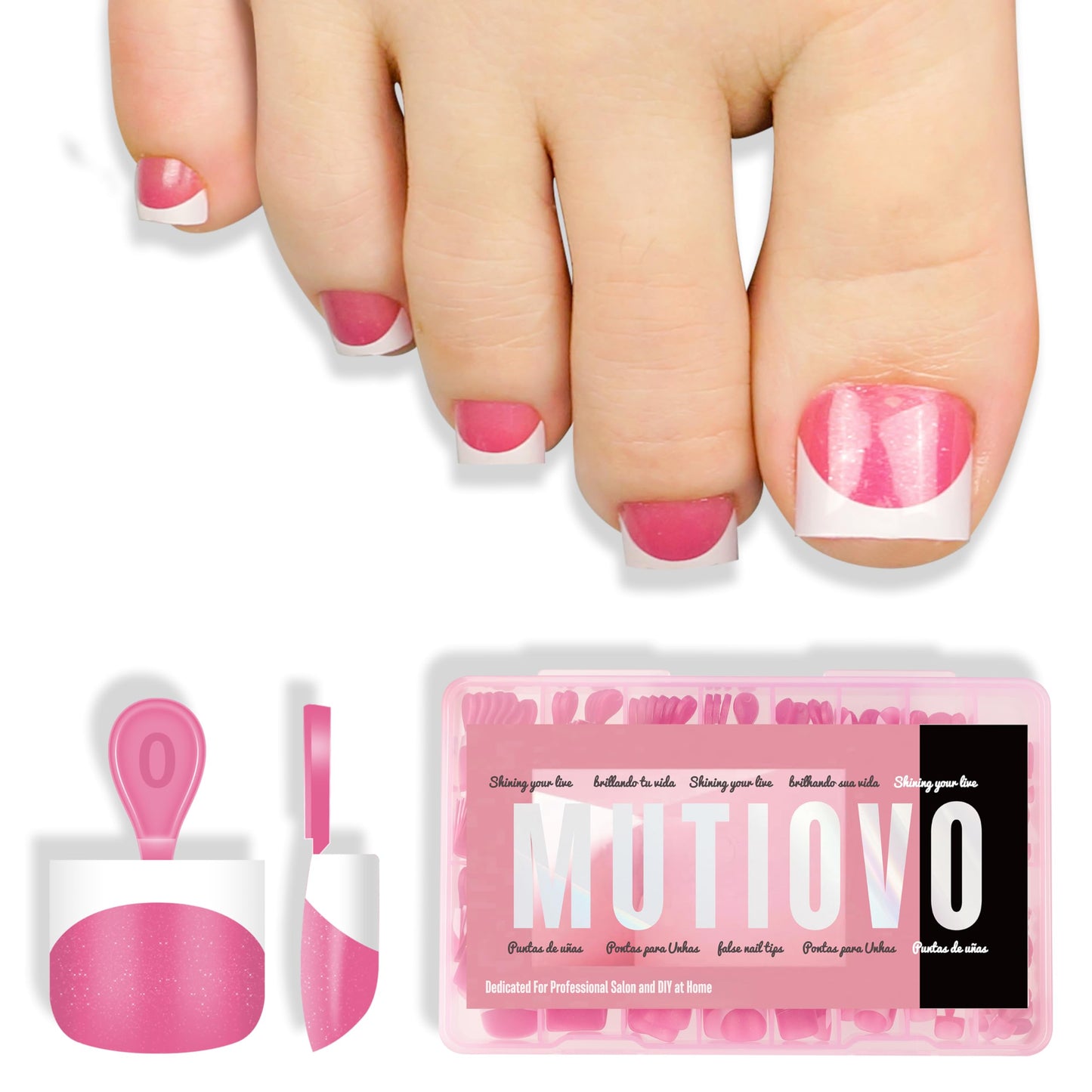 MUTIOVO Extra Short Toe Nail White French Tip ROSE PINK,Soft Gel False Toenail Extension Kit,Thick Sharp Square Press On,Need Bu