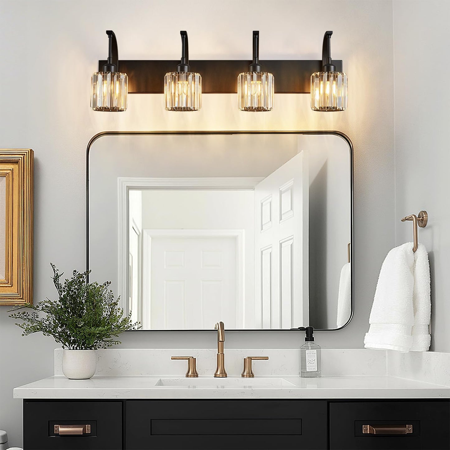 Fdpby 4-Light Crystal Vanity Light  Modern Black Bathroom Wall Sconce With K9 Crystal Shades  32.67 Long Over Mirror Lighting For Vanity  Makeup  Hallway  Elegant & Easy Install